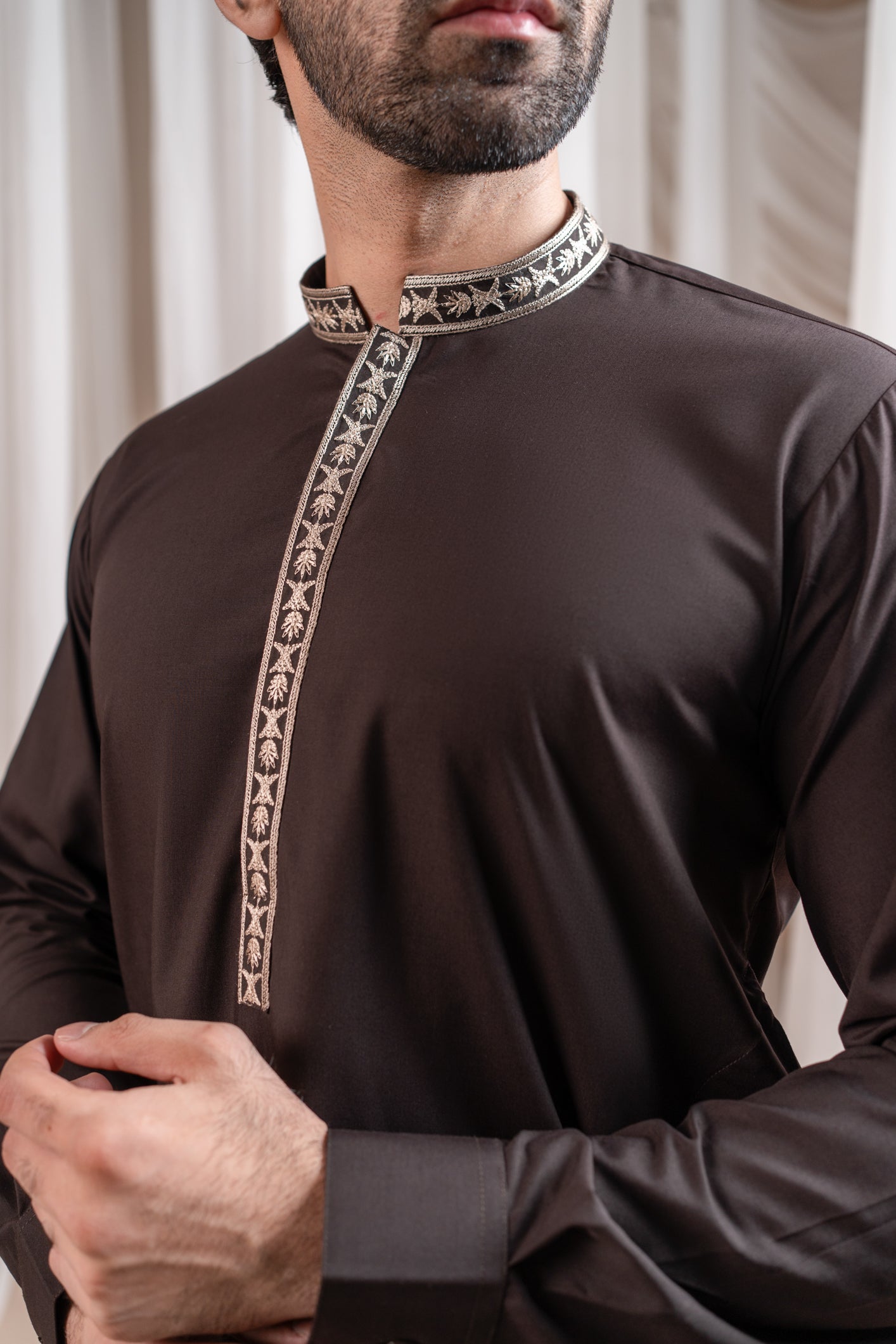 Dark Brown Embroidered Blended Kurta Shalwar (2-Piece) - Image 3
