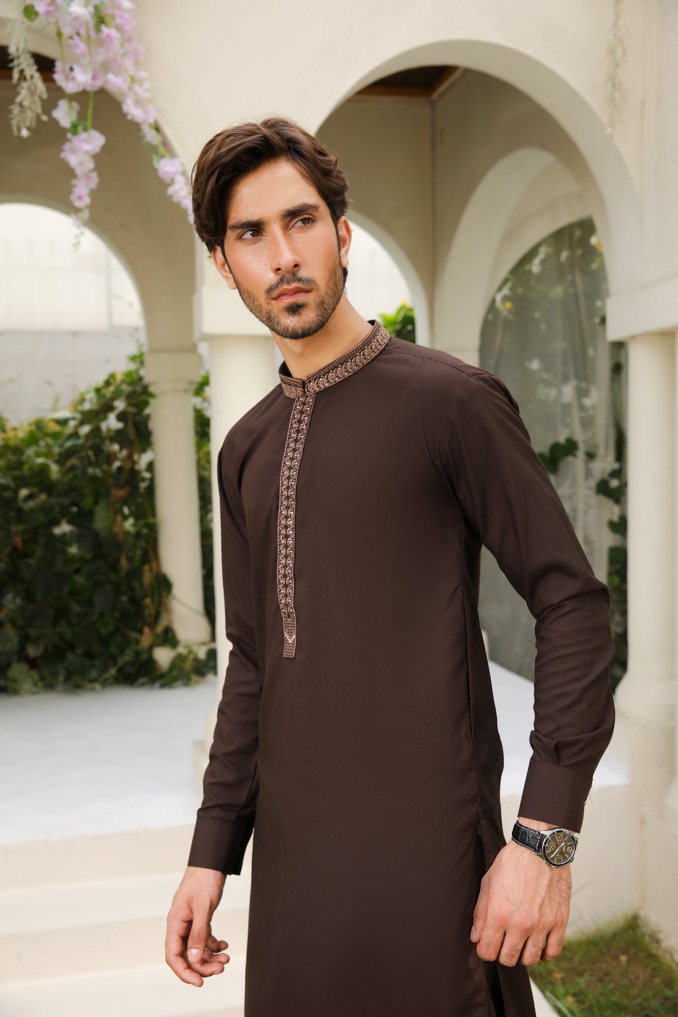 Mocha Brown Embroidered Blended Kameez Shalwar (2-Piece) - Image 1