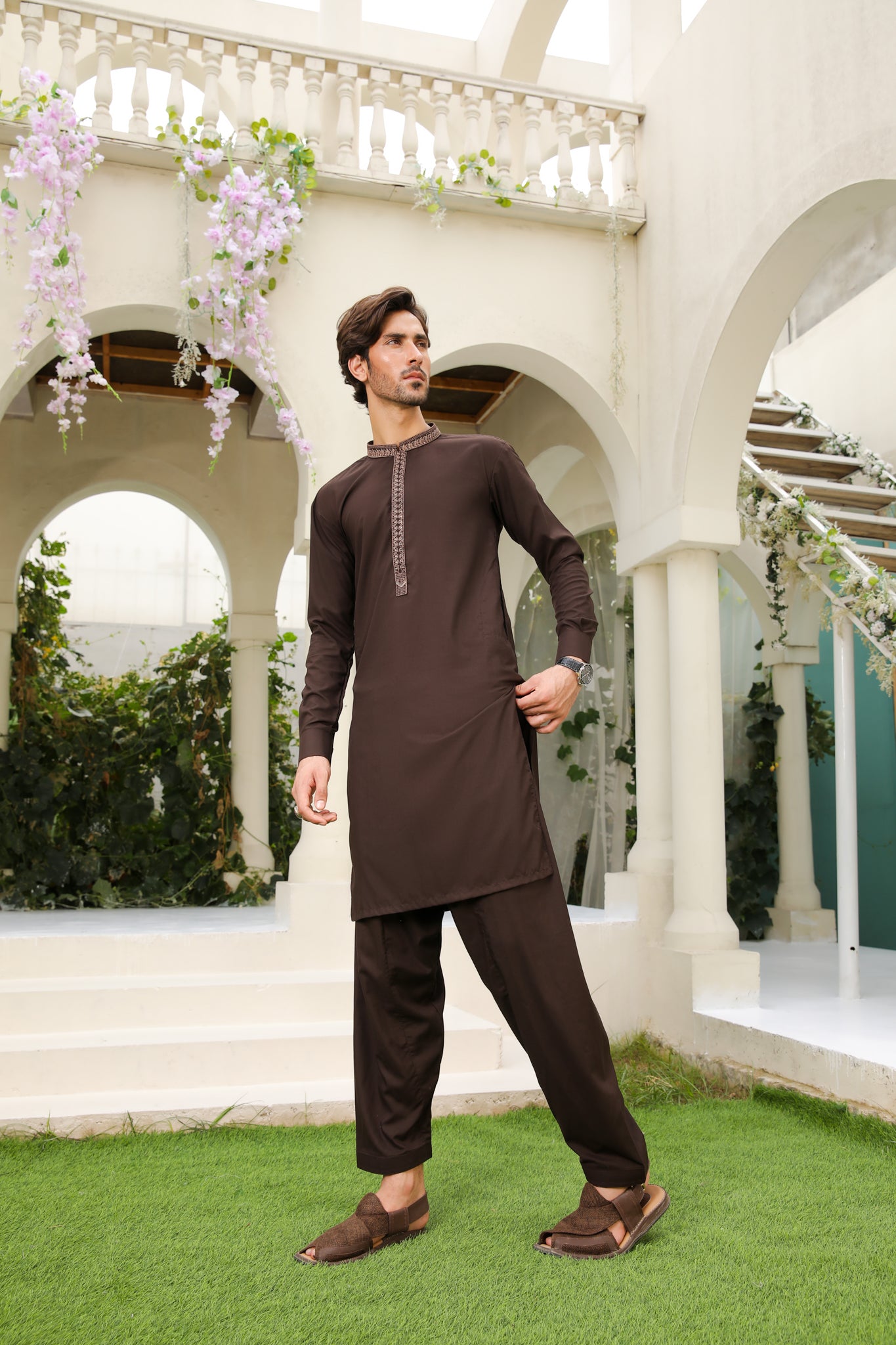 Mocha Brown Embroidered Blended Kameez Shalwar (2-Piece) - Image 2