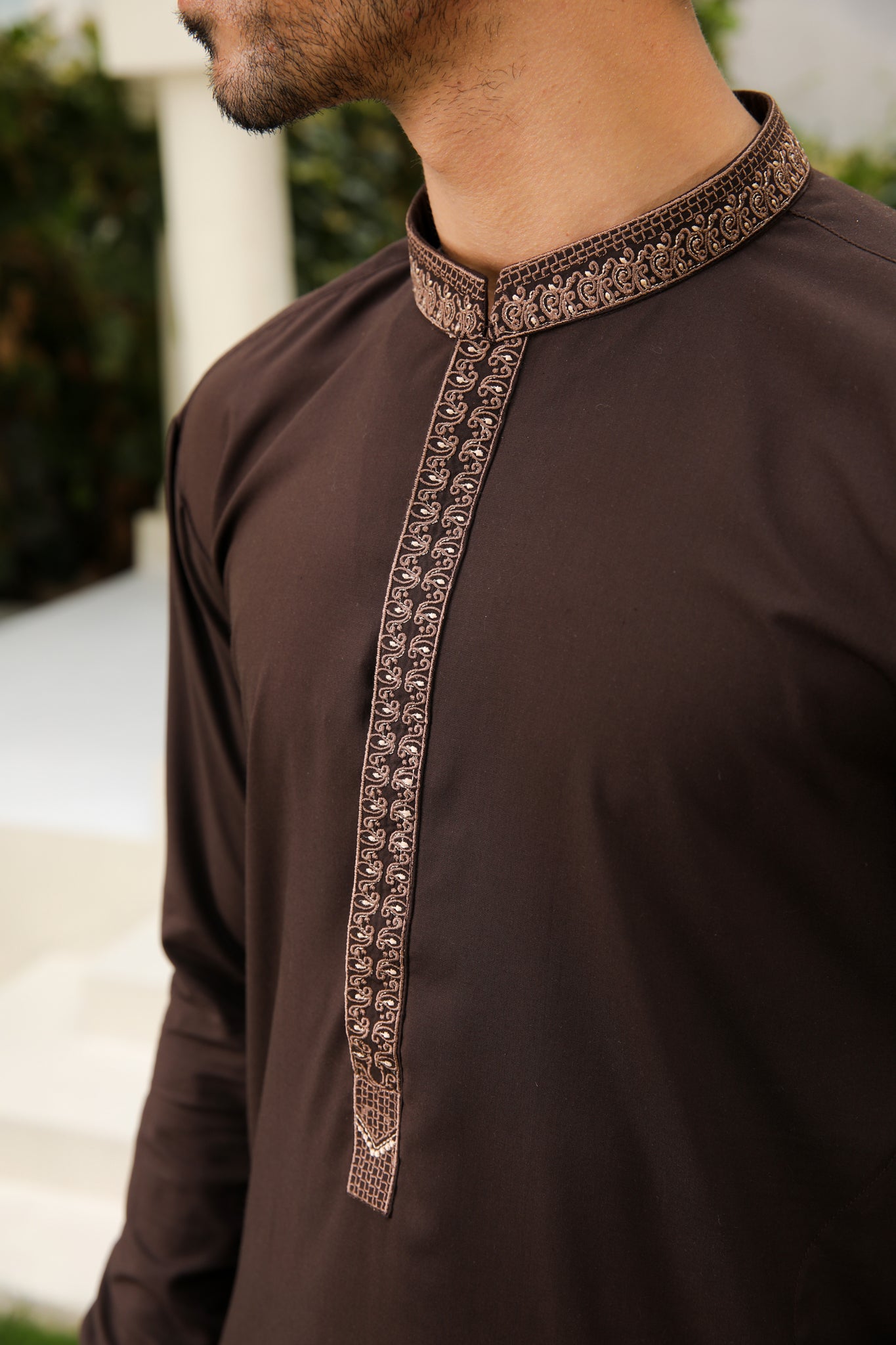 Mocha Brown Embroidered Blended Kameez Shalwar (2-Piece) - Image 3