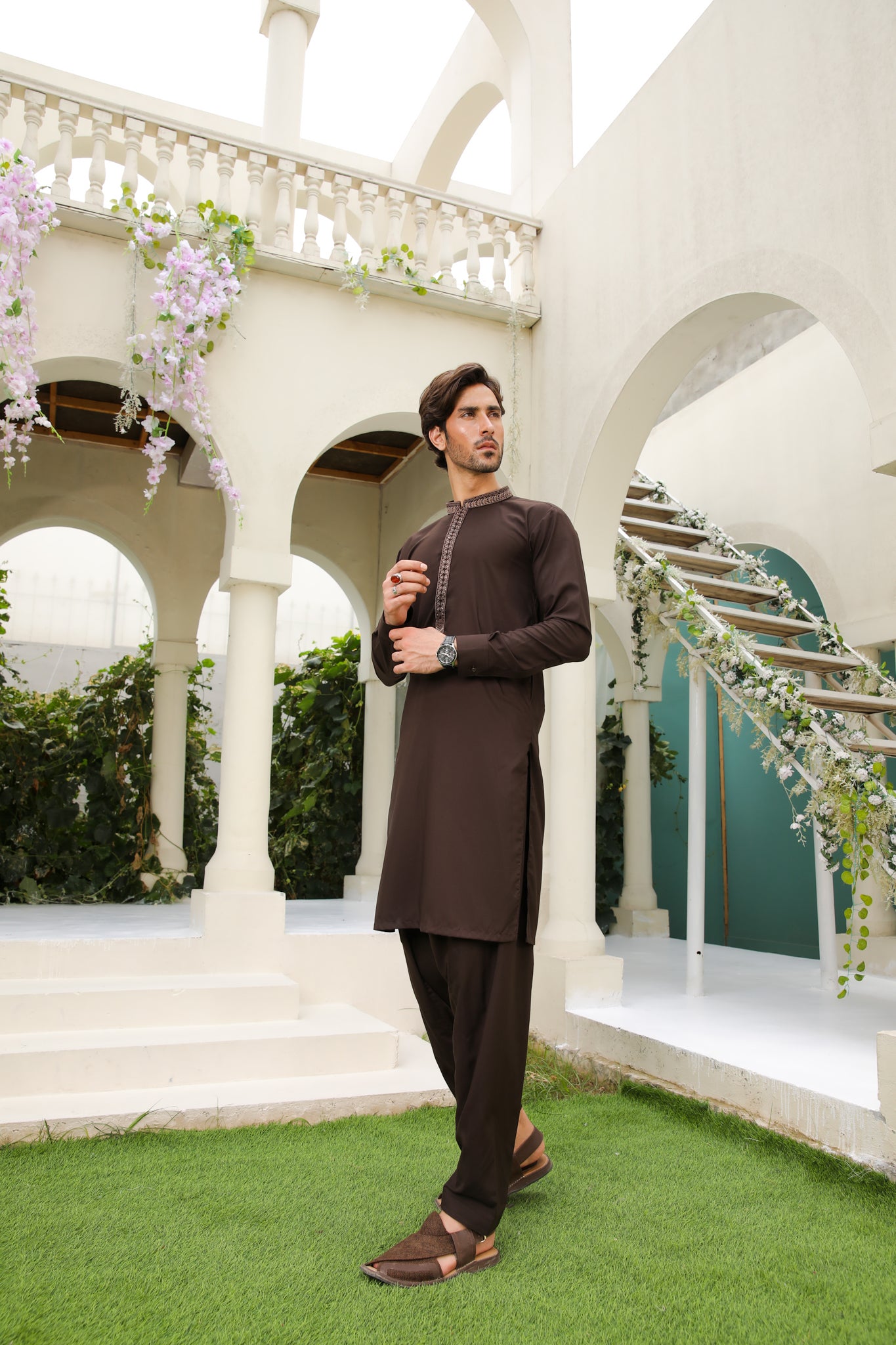 Mocha Brown Embroidered Blended Kameez Shalwar (2-Piece) - Image 4