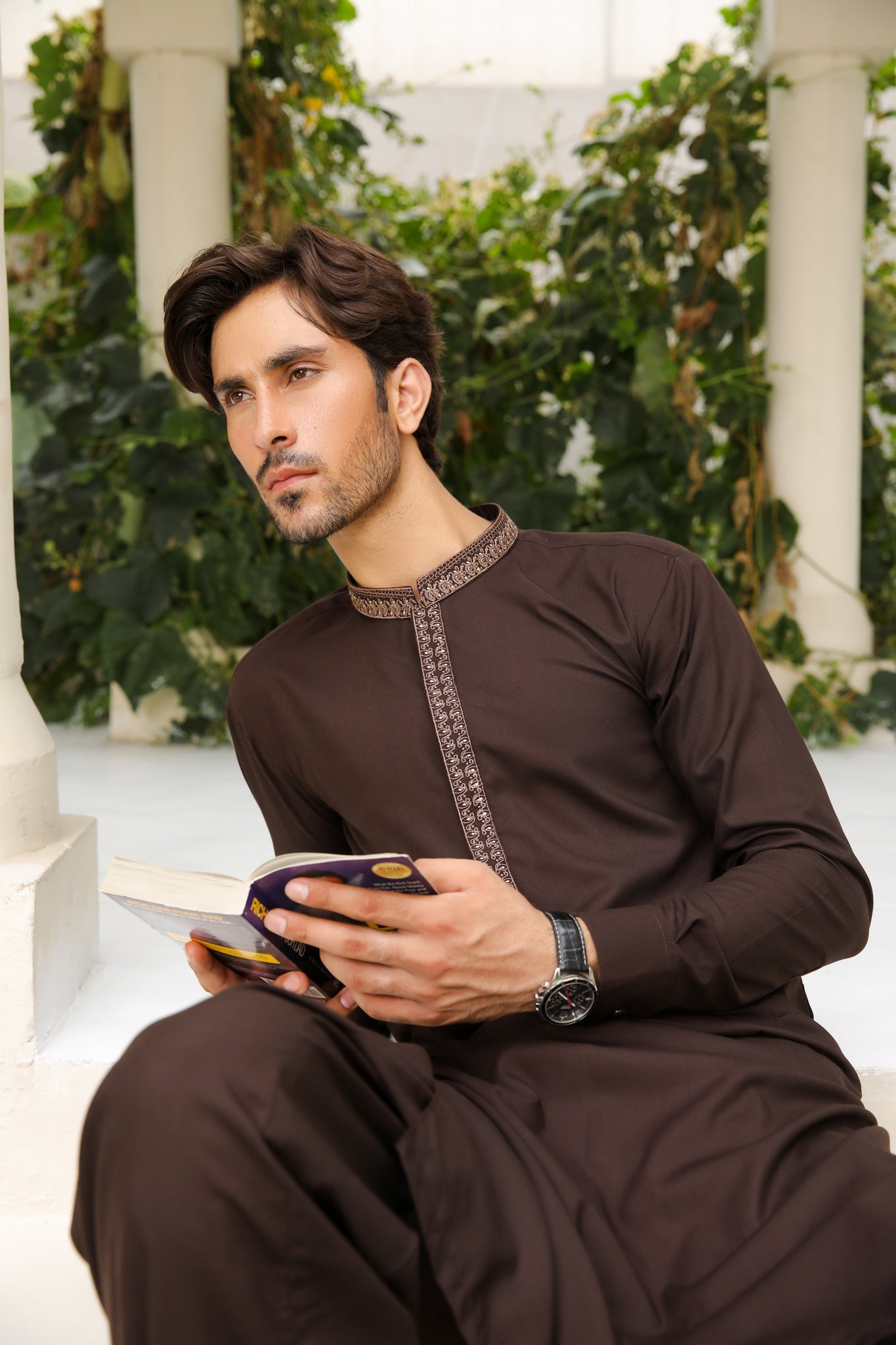 Mocha Brown Embroidered Blended Kameez Shalwar (2-Piece) - Image 6