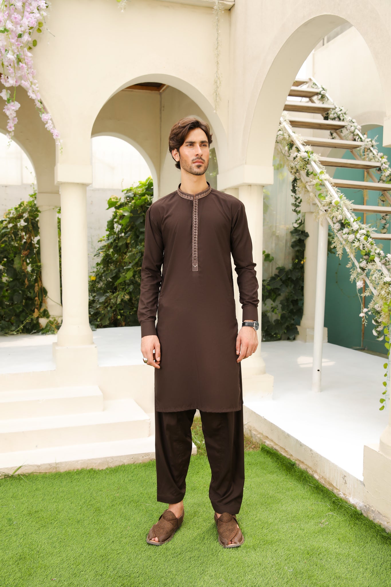 Mocha Brown Embroidered Blended Kameez Shalwar (2-Piece) - Image 7