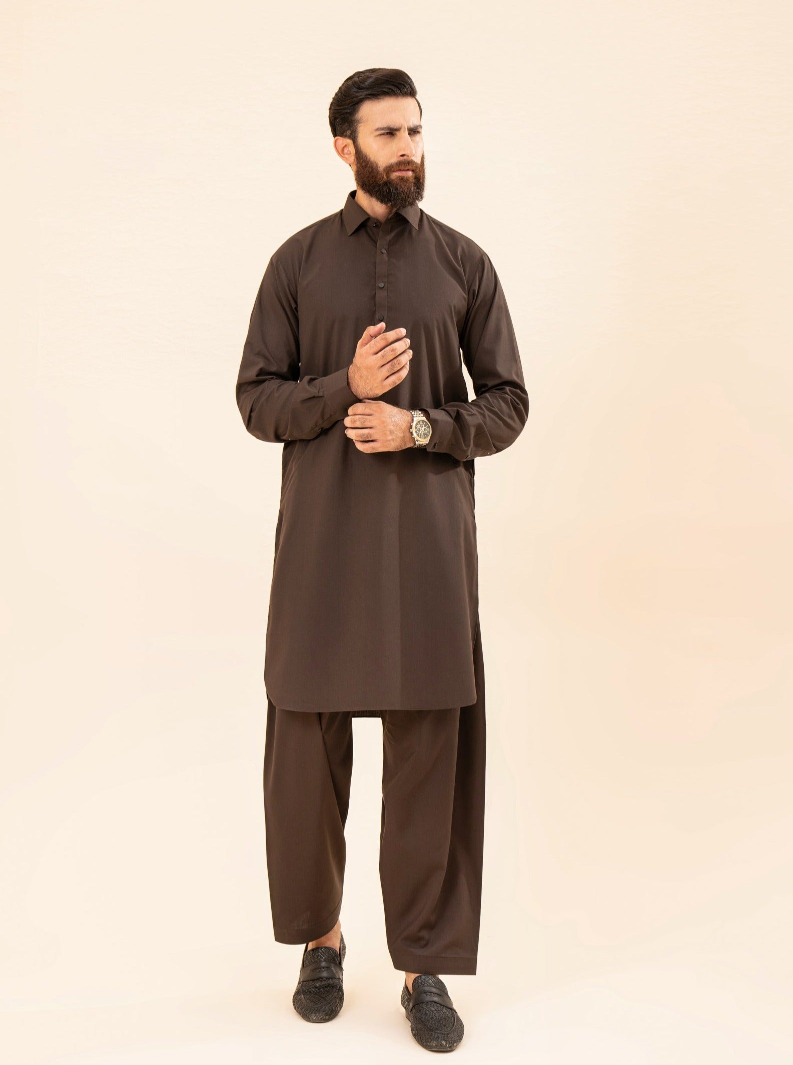 Dark Brown Blended Fabric Kameez Shalwar (2-Piece) - Image 2
