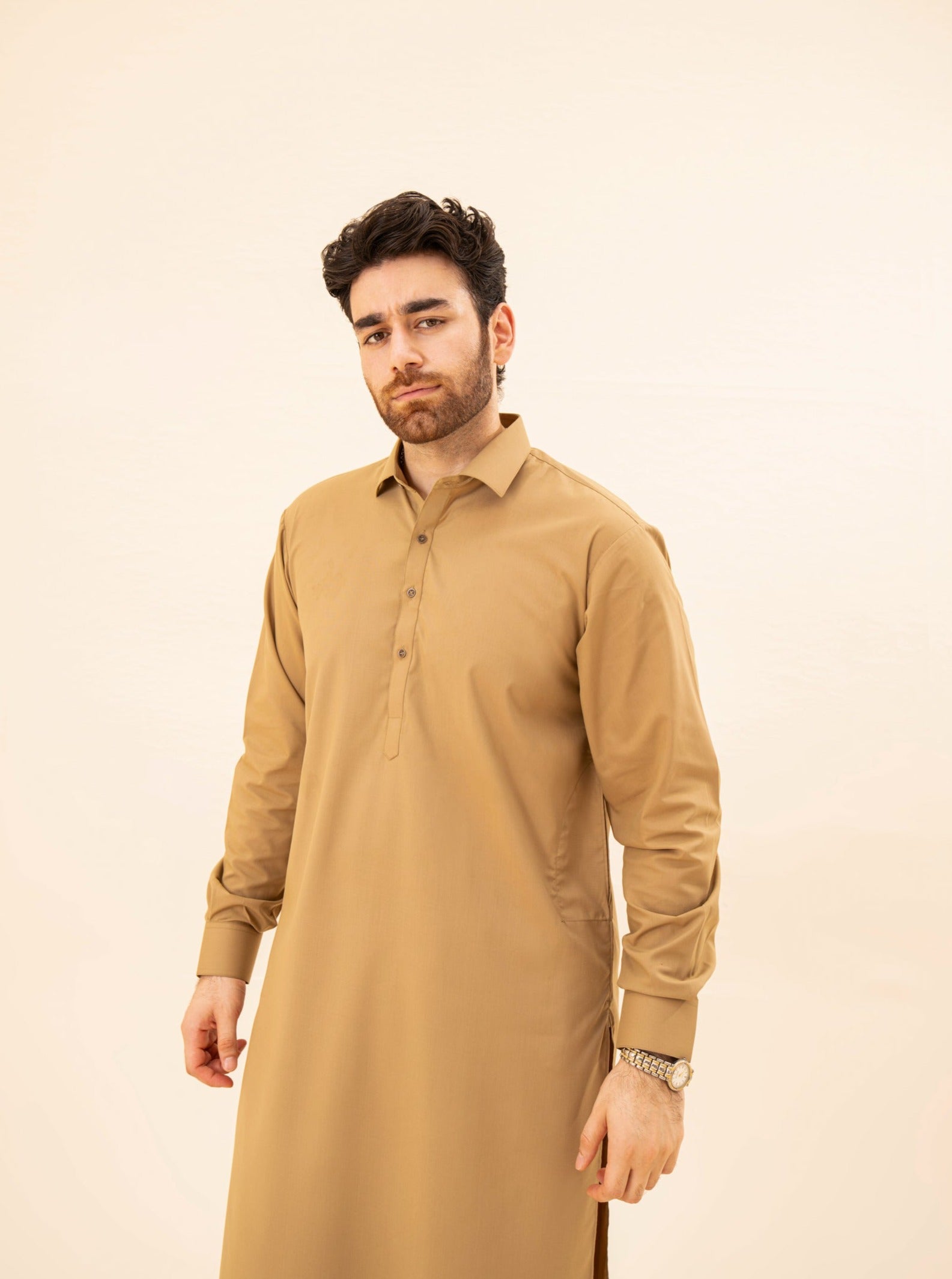 Camel Blended Fabric French Collar Kameez Shalwar (2-Piece) - Image 1