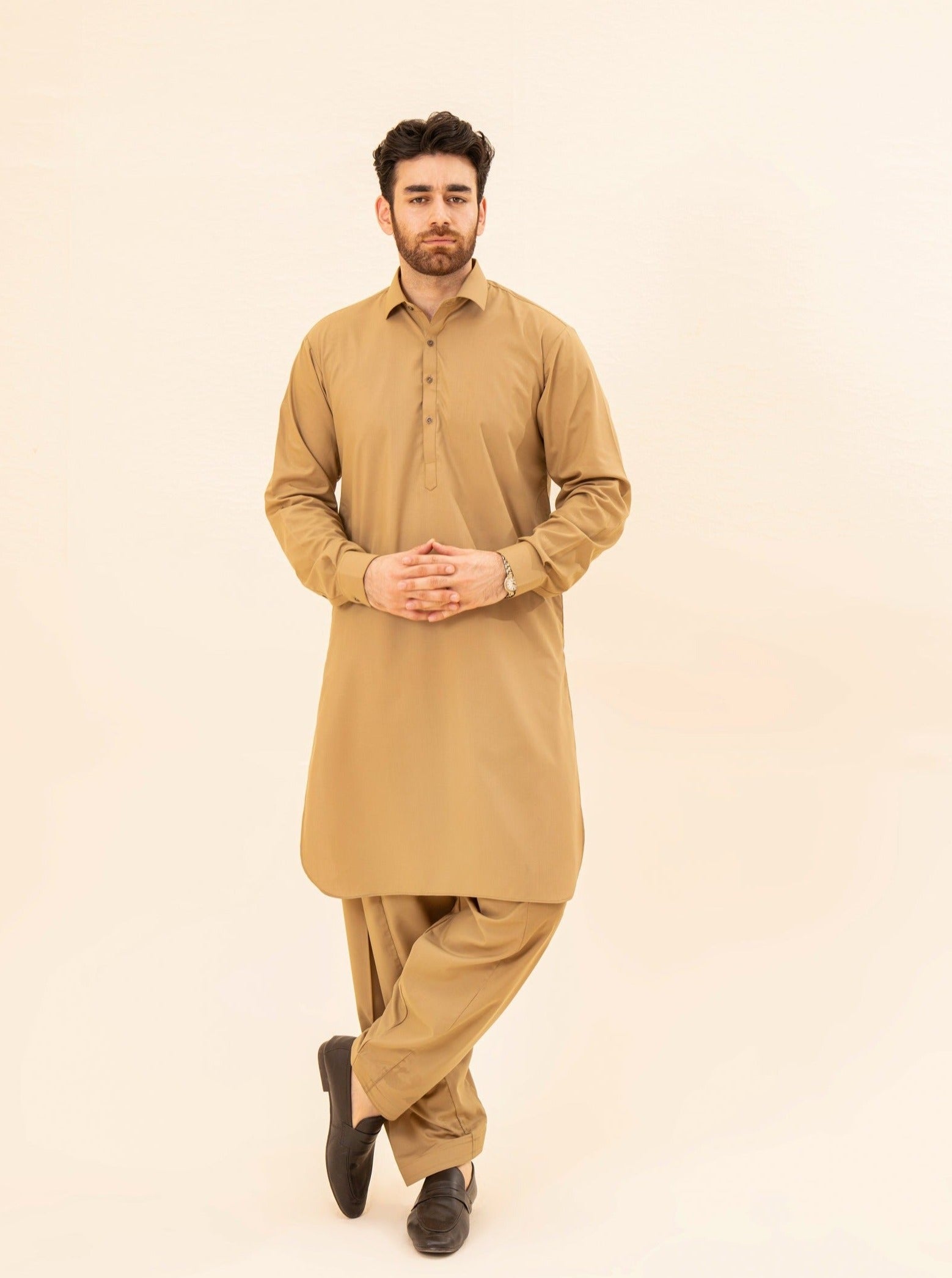 Camel Blended Fabric French Collar Kameez Shalwar (2-Piece) - Image 2