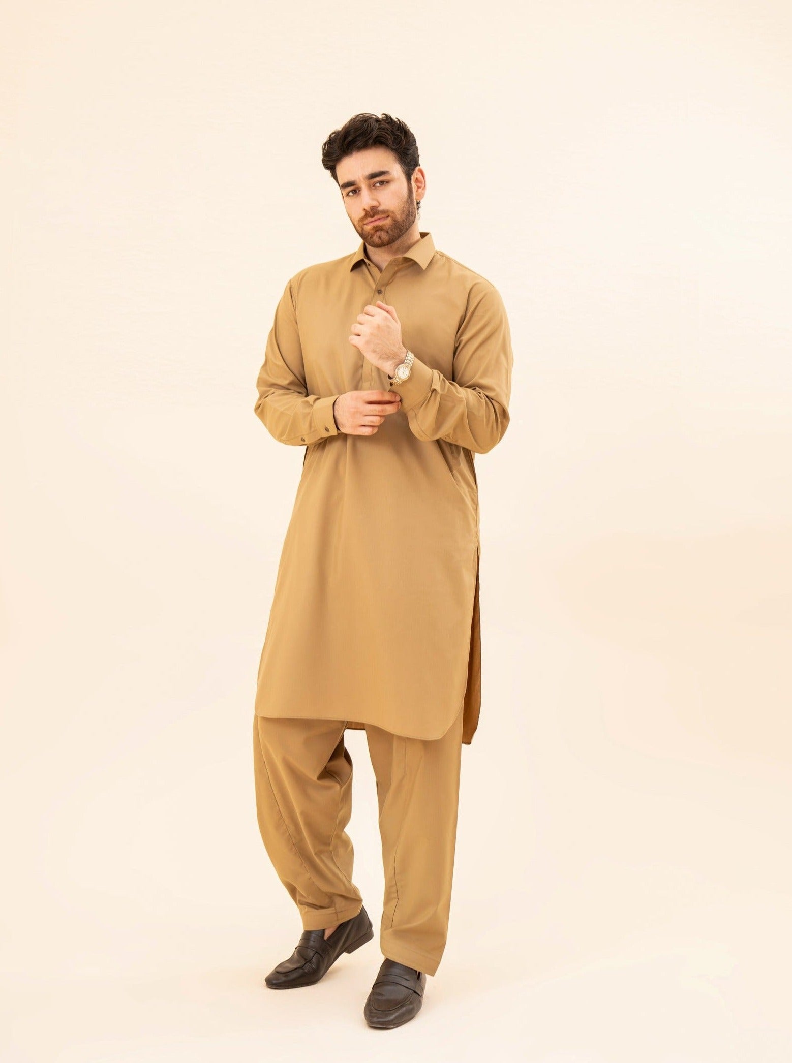Camel Blended Fabric French Collar Kameez Shalwar (2-Piece) - Image 3