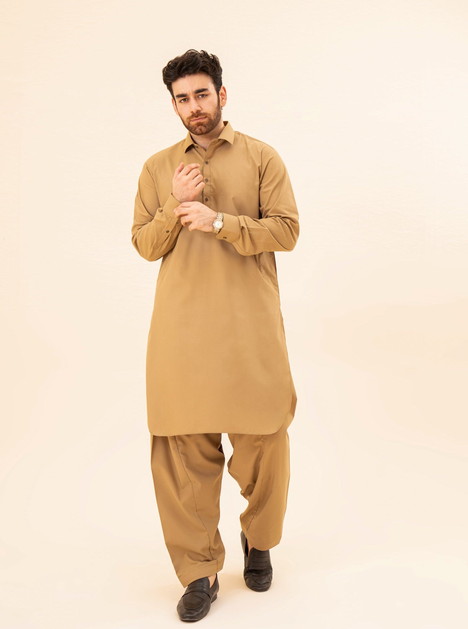 Camel Blended Fabric French Collar Kameez Shalwar (2-Piece) - Image 4