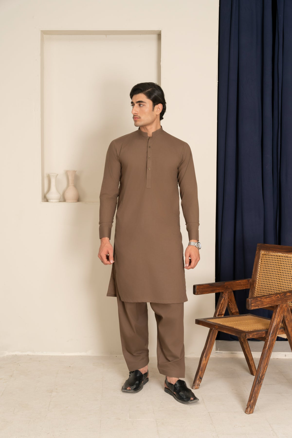 Dark Chocolate Brown Blended Kurta Shalwar (2-Piece) - Image 1