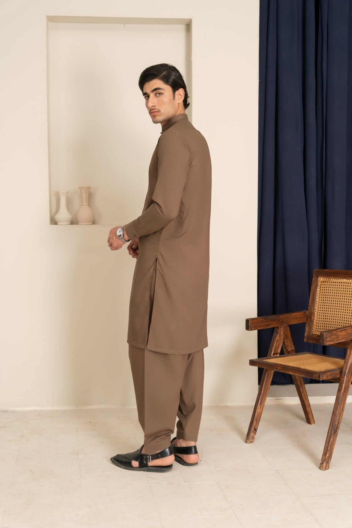 Dark Chocolate Brown Blended Kurta Shalwar (2-Piece) - Image 2