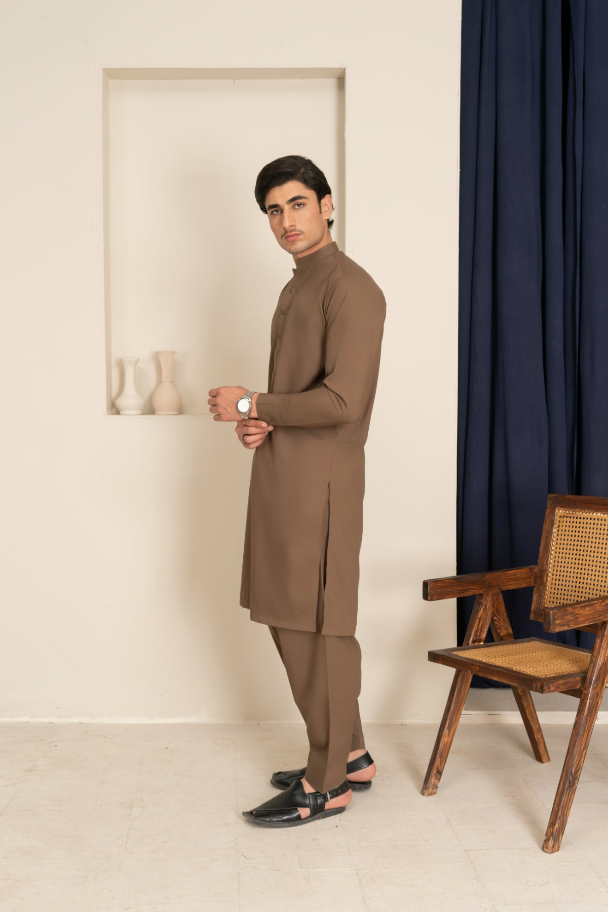 Dark Chocolate Brown Blended Kurta Shalwar (2-Piece) - Image 3