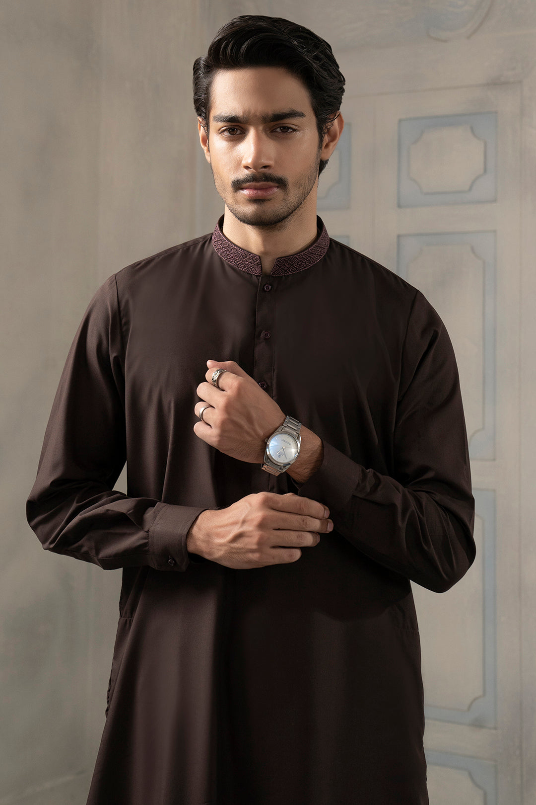 Brown Embroidered Blended Fabric Shalwar Kameez (2-Piece) - Image 1