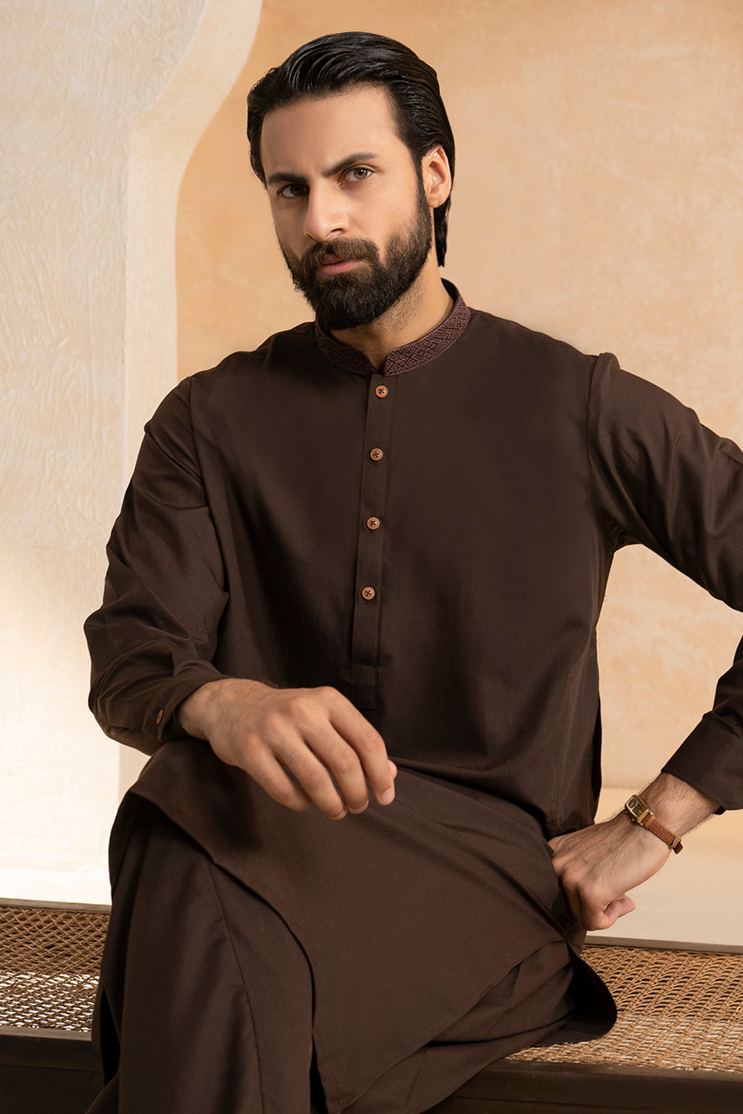 Brown Embroidered Blended Fabric Shalwar Kameez (2-Piece) - Image 15