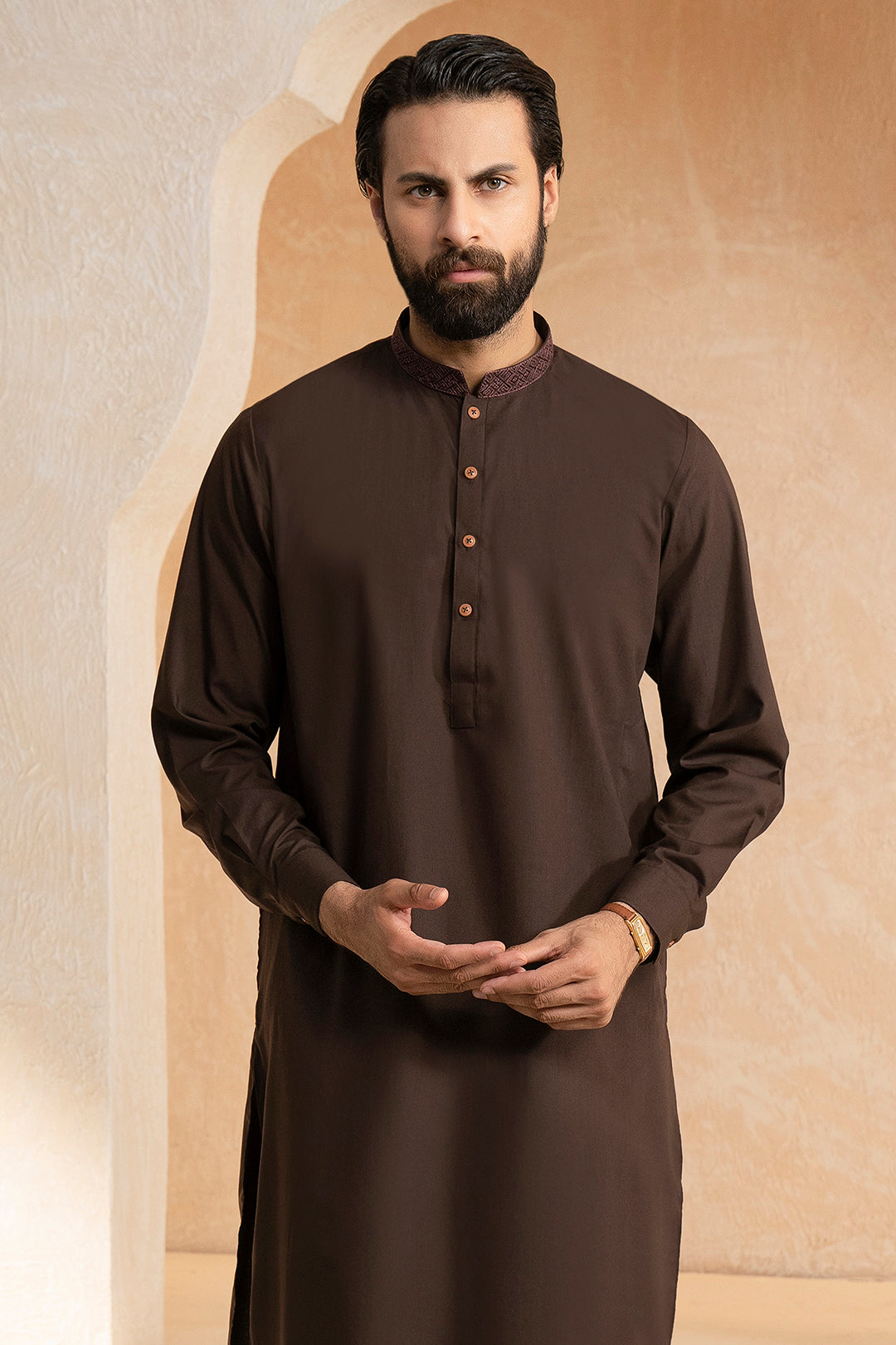 Brown Embroidered Blended Fabric Shalwar Kameez (2-Piece) - Image 17