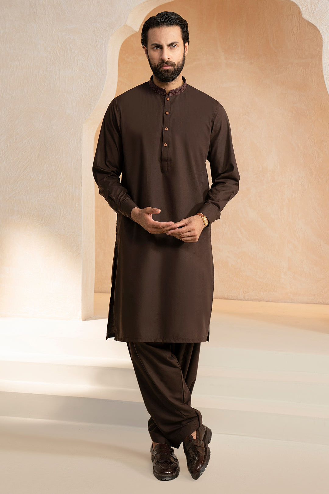Brown Embroidered Blended Fabric Shalwar Kameez (2-Piece) - Image 19