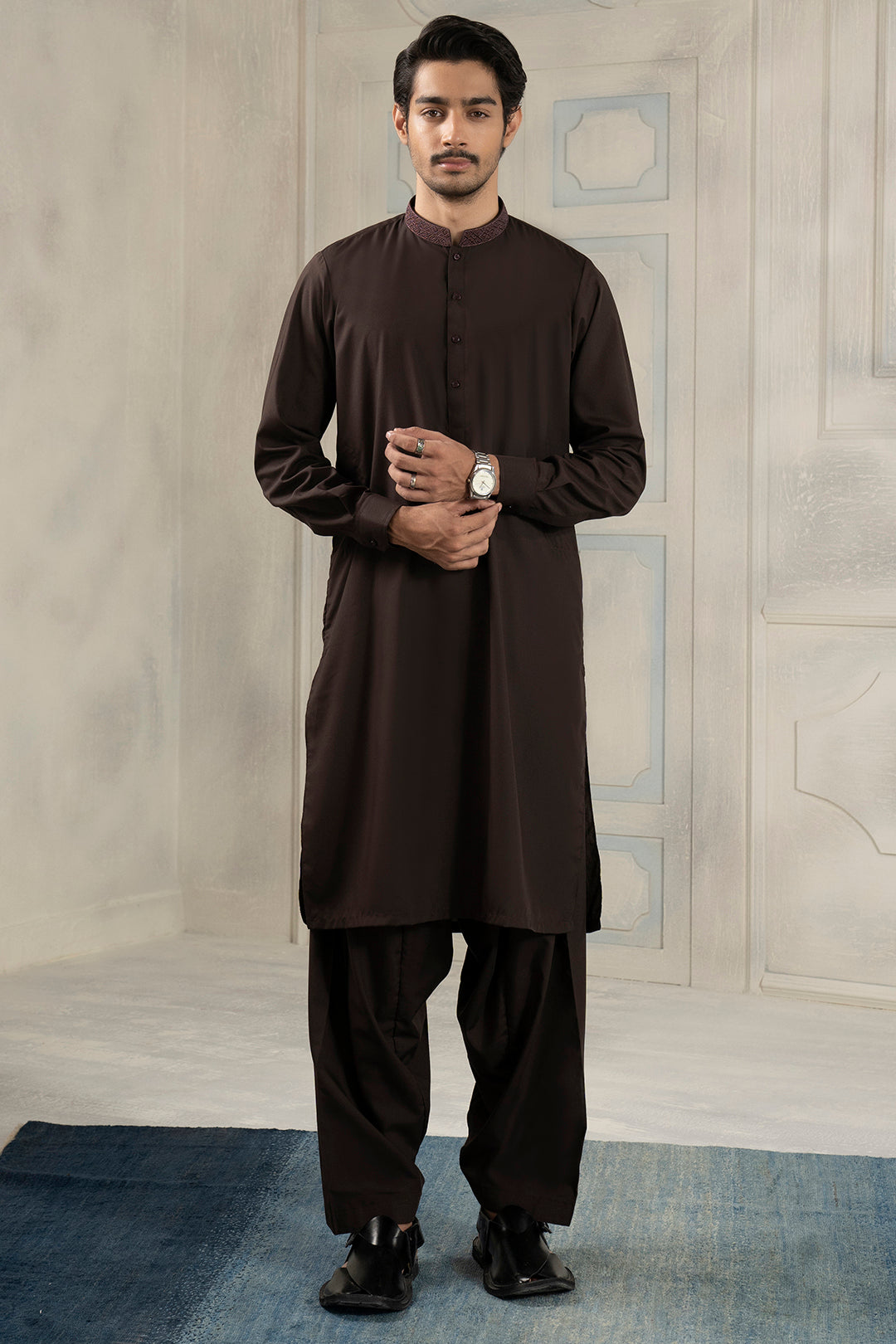 Brown Embroidered Blended Fabric Shalwar Kameez (2-Piece) - Image 2