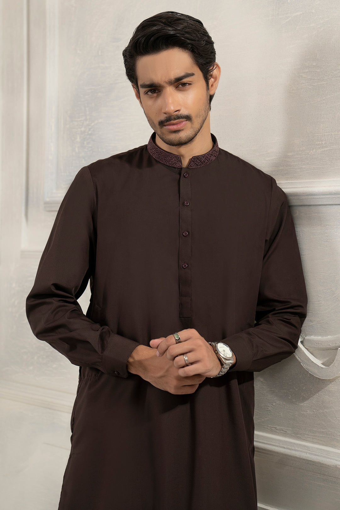 Brown Embroidered Blended Fabric Shalwar Kameez (2-Piece) - Image 3