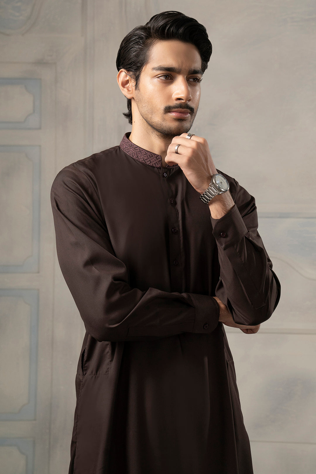 Brown Embroidered Blended Fabric Shalwar Kameez (2-Piece) - Image 4