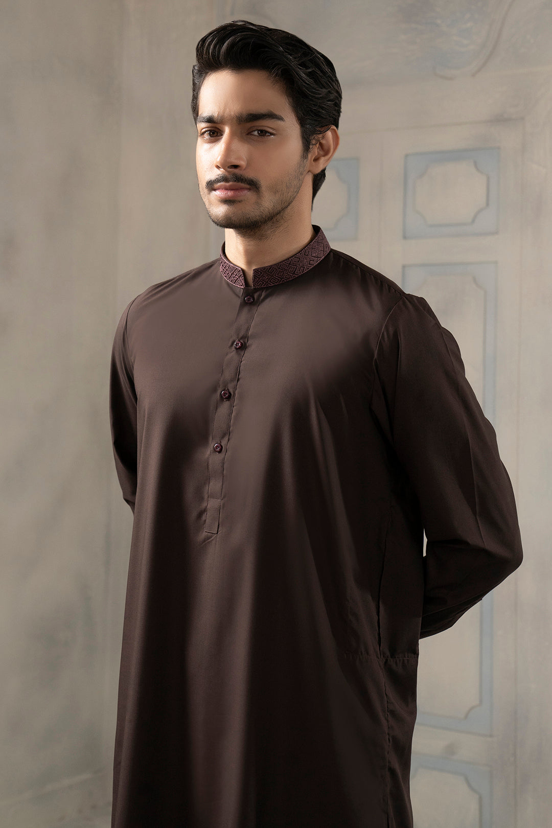Brown Embroidered Blended Fabric Shalwar Kameez (2-Piece) - Image 5