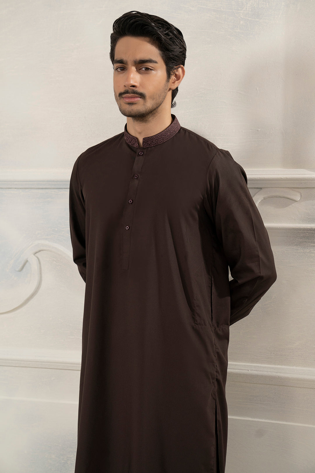 Brown Embroidered Blended Fabric Shalwar Kameez (2-Piece) - Image 6
