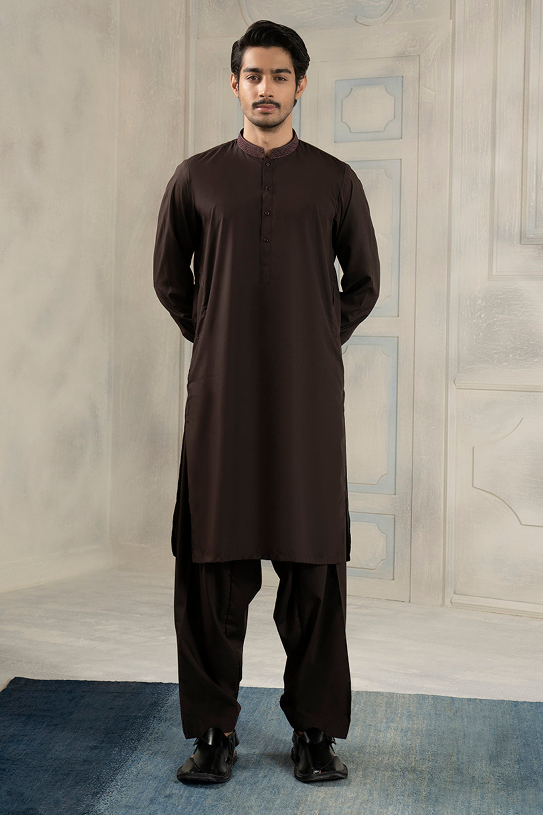 Brown Embroidered Blended Fabric Shalwar Kameez (2-Piece) - Image 7
