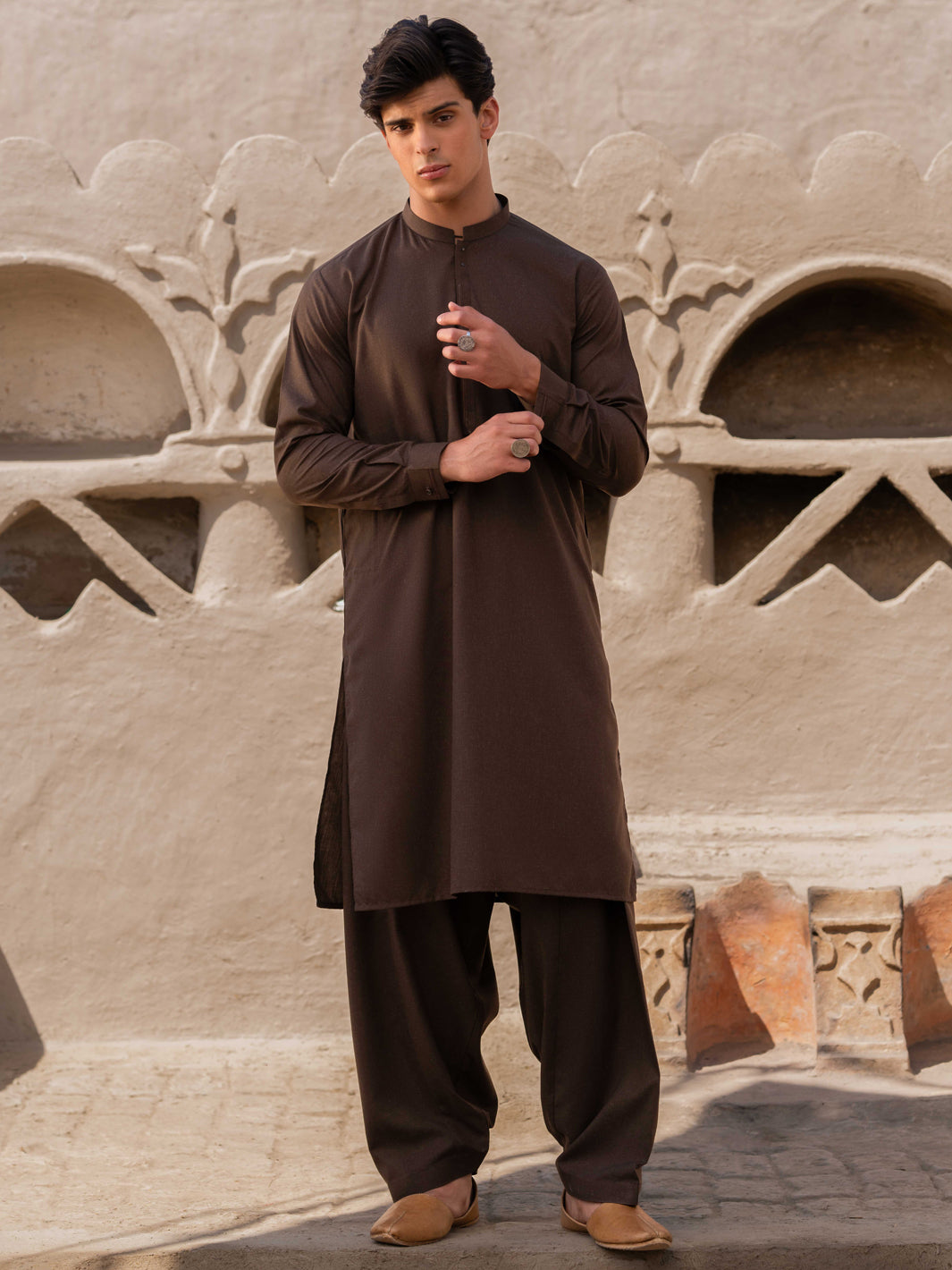 Dark Brown Minimal Stitch Blended Shalwar Kameez (2-Piece) - Image 1