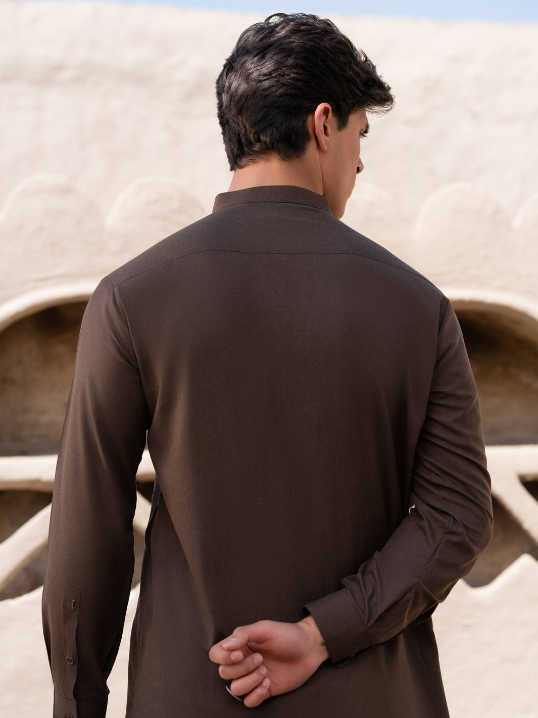 Dark Brown Minimal Stitch Blended Shalwar Kameez (2-Piece) - Image 3