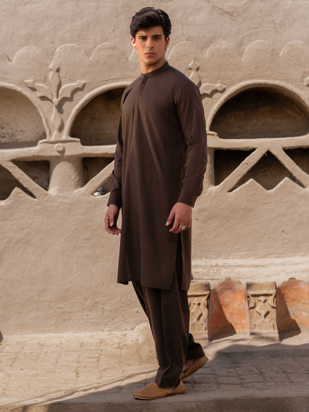 Dark Brown Minimal Stitch Blended Shalwar Kameez (2-Piece) - Image 4