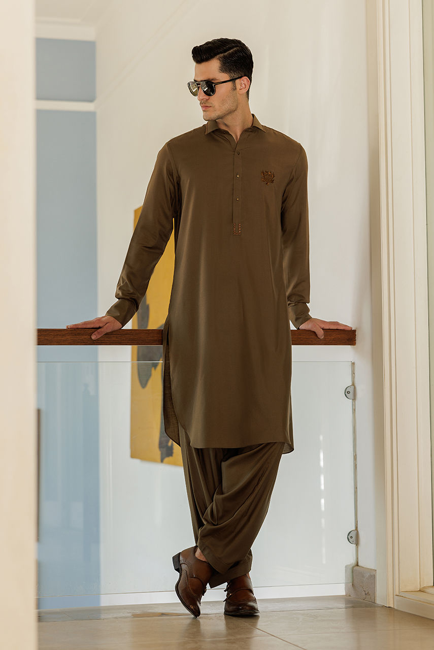 Brown Thread Work Boski Linen Shalwar Kameez (2-Piece) - Image 1