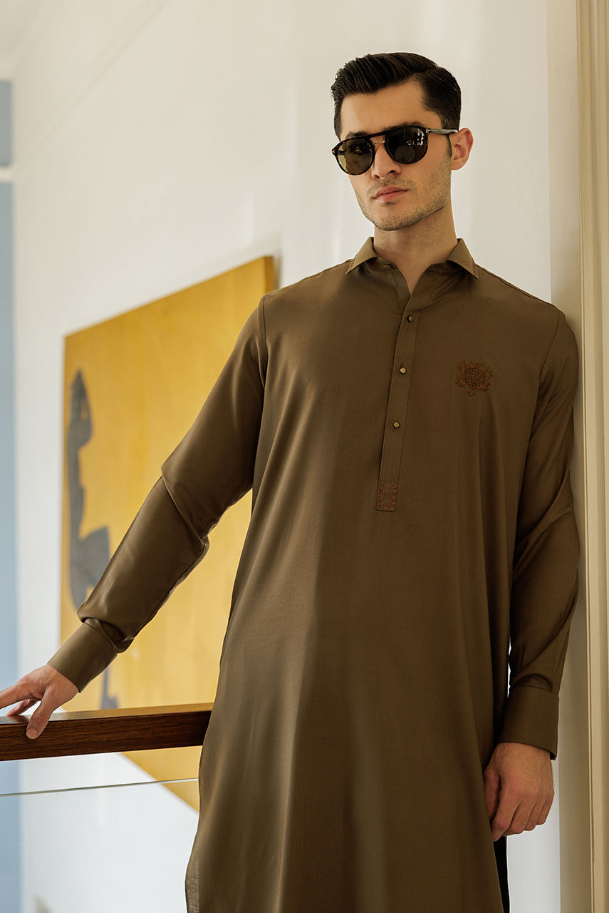 Brown Thread Work Boski Linen Shalwar Kameez (2-Piece) - Image 3
