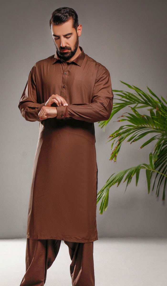 Clay Brown Plain Cotton Blend Shalwar Kameez (2-Piece) - Image 1