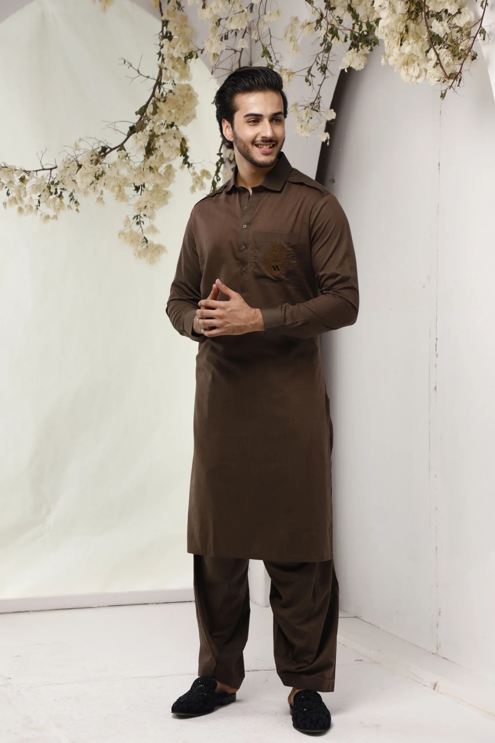 Brown Embroidered Cotton Shalwar Kameez (2-Piece) - Image 1