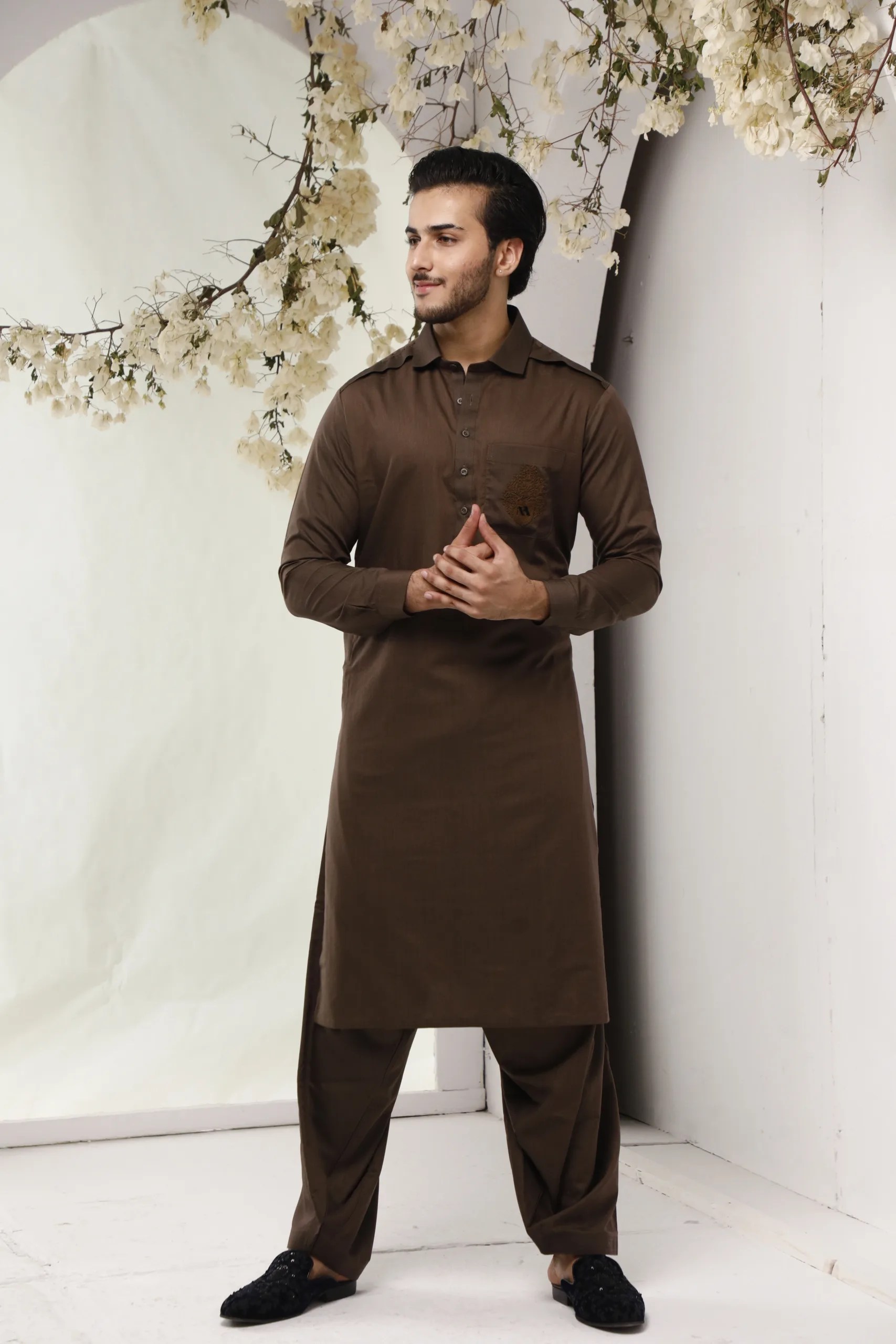 Brown Embroidered Cotton Shalwar Kameez (2-Piece) - Image 3