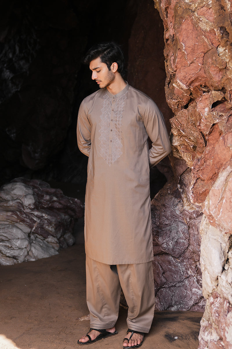 Brown Geometric Embroidered Cotton Kurta Pajama (2-Piece) - Image 1