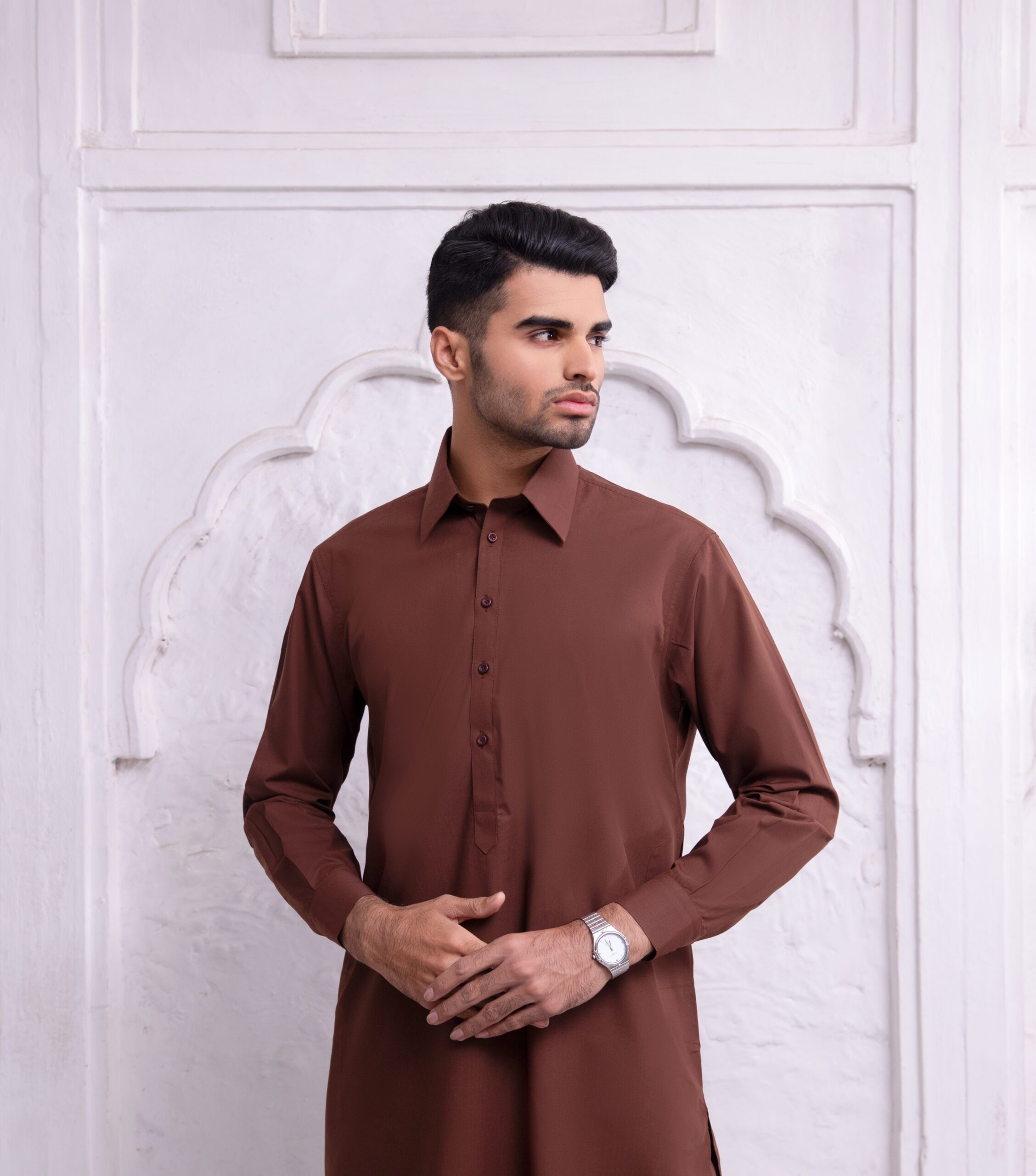 Brown Solid Cotton-Polyester Shalwar Kameez (2-Piece) - Image 2