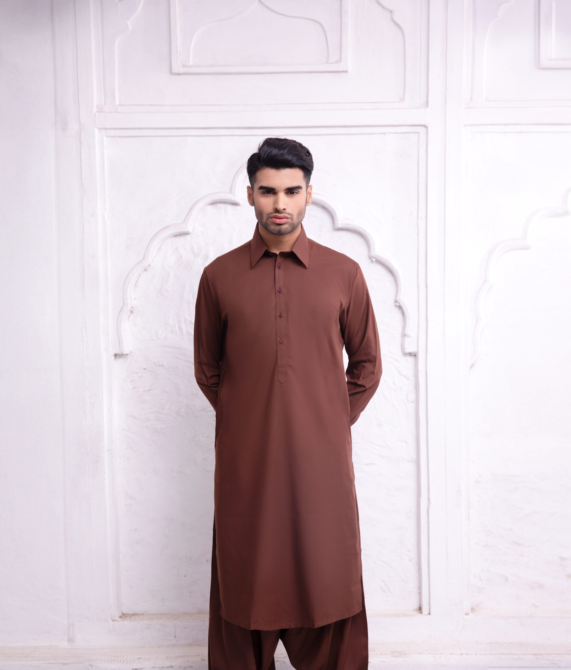 Brown Solid Cotton-Polyester Shalwar Kameez (2-Piece) - Image 3