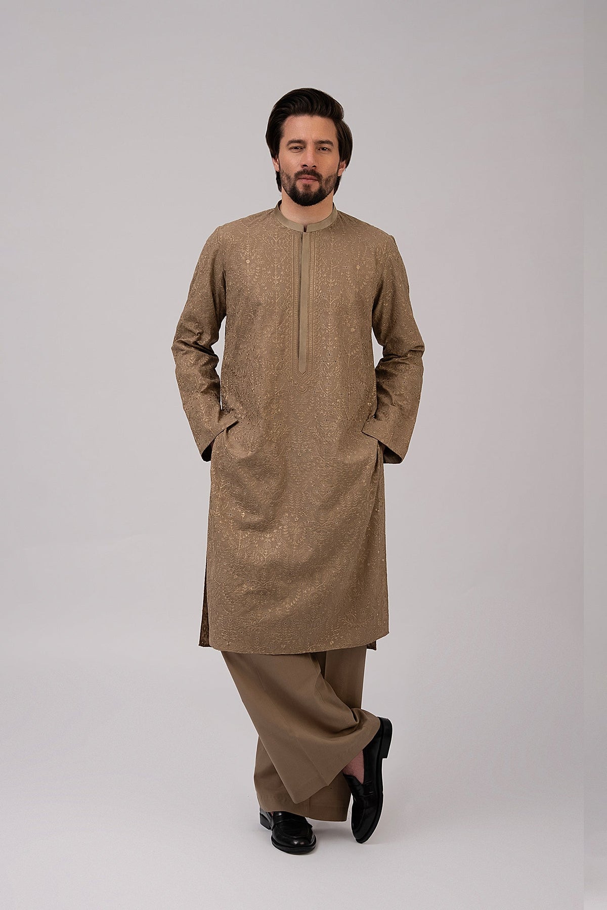 Soil Brown Chikankari Cotton Shalwar Kameez (2-Piece) - Image 1