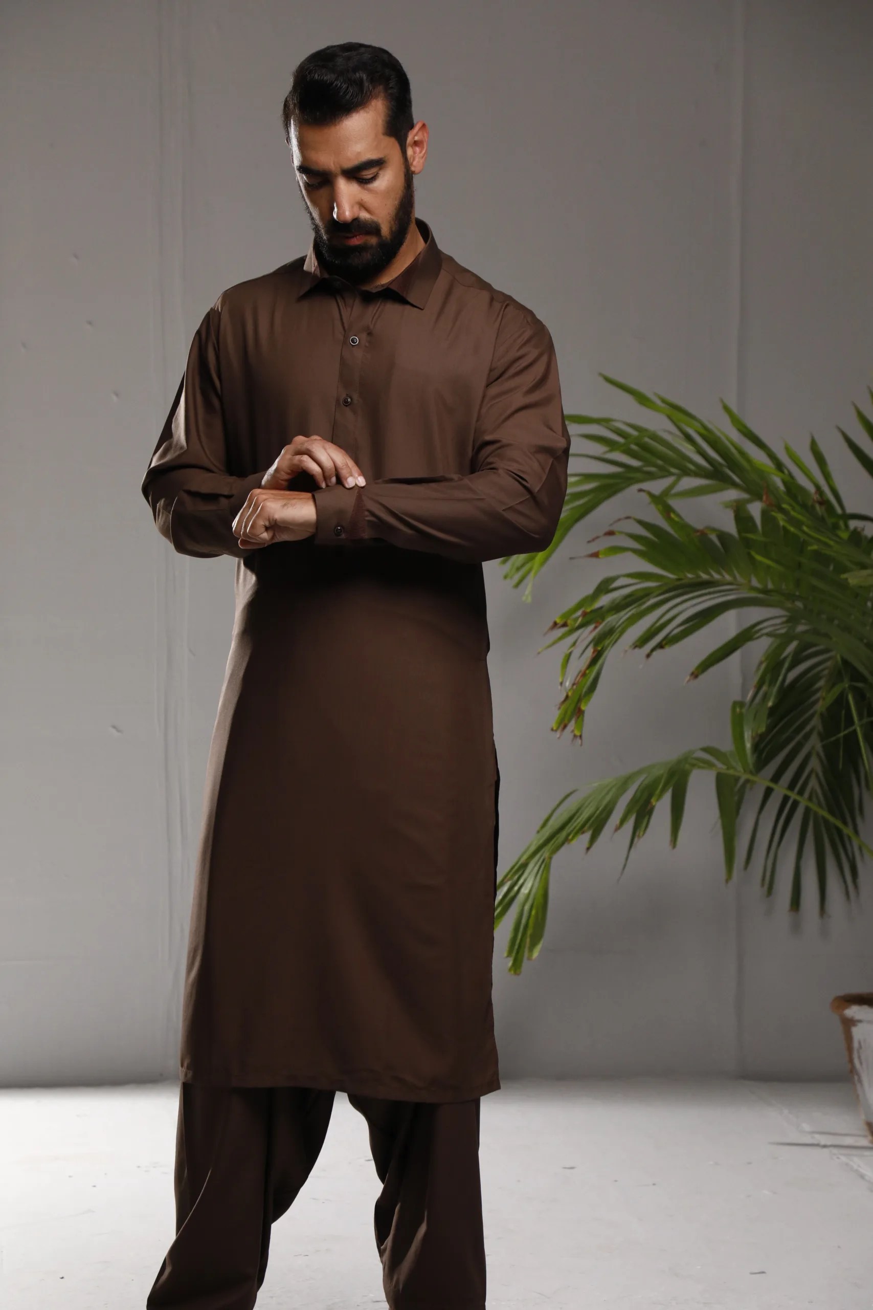 Dark Brown Plain Cotton Kurta Set (2-Piece) - Image 1