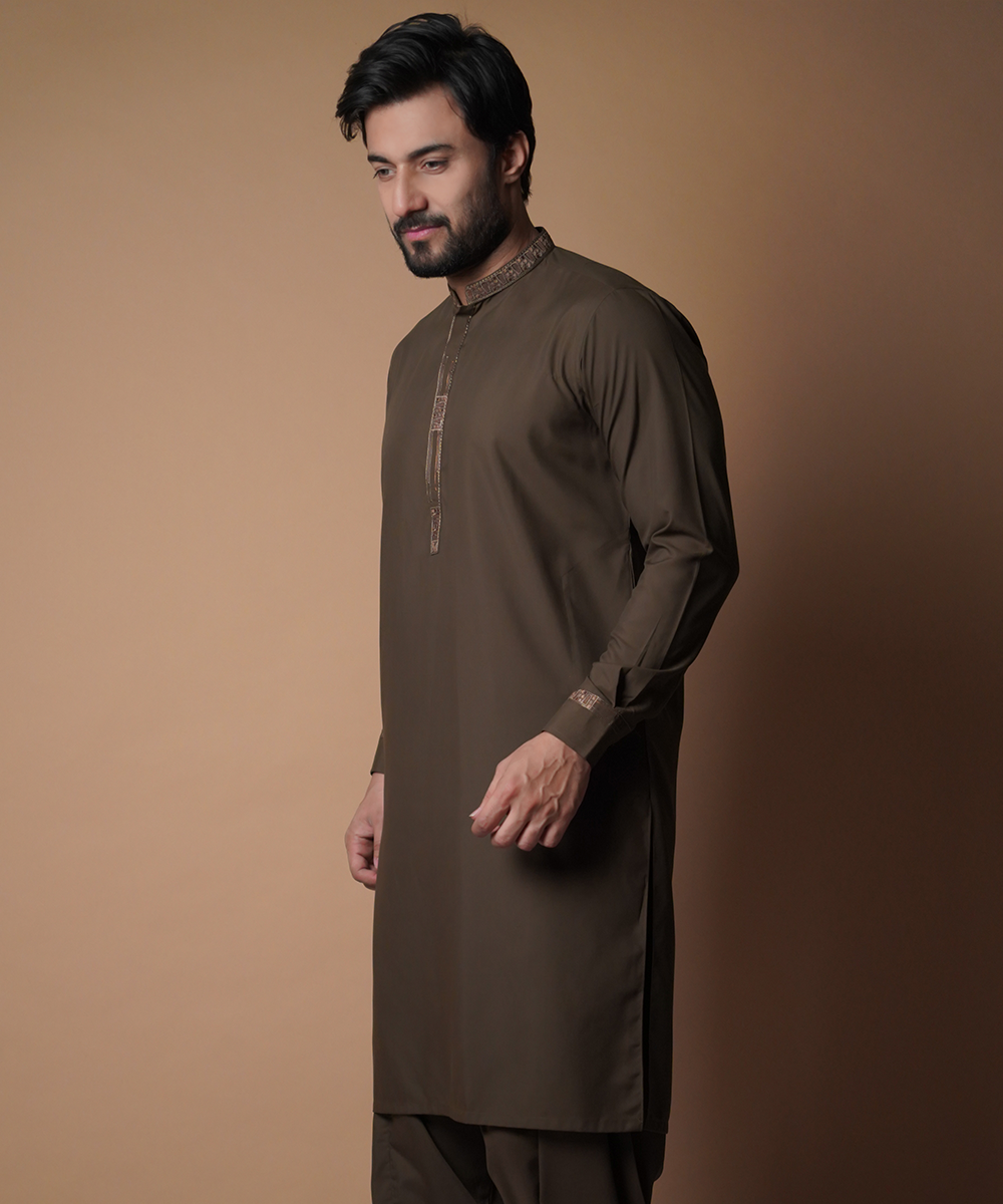 Dark Brown Embroidered Soft Cotton Shalwar Kameez (2-Piece) - Image 1