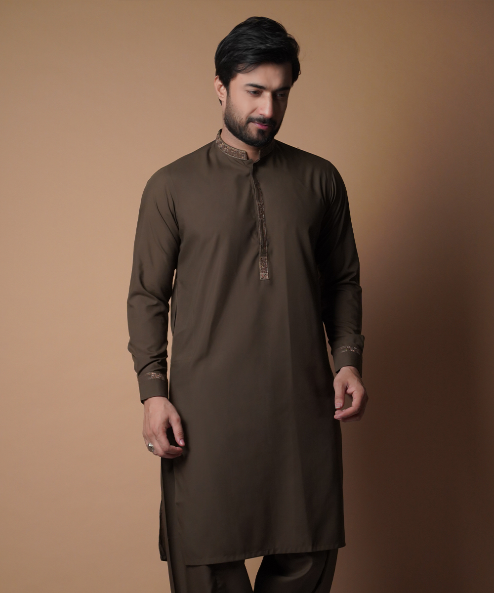 Dark Brown Embroidered Soft Cotton Shalwar Kameez (2-Piece) - Image 2