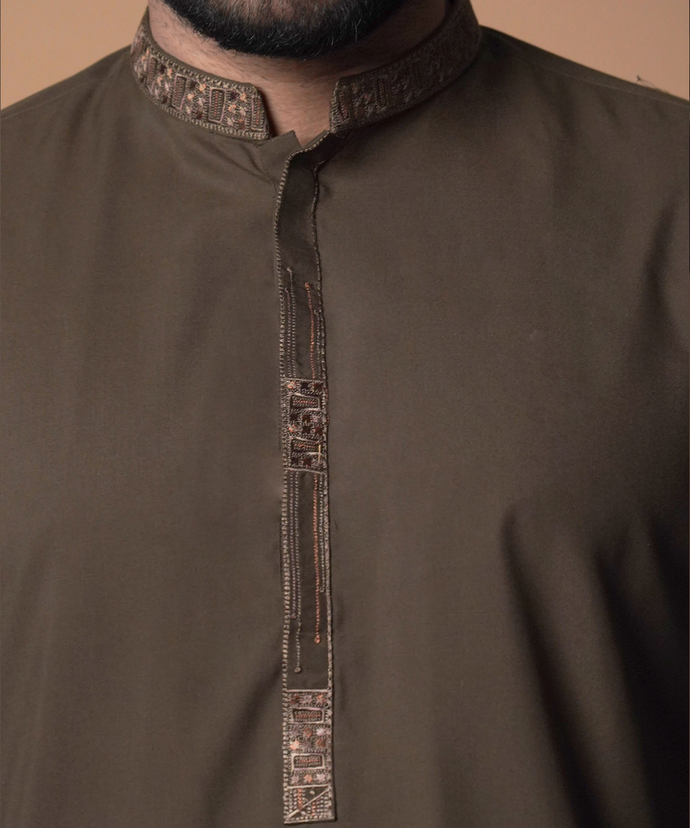 Dark Brown Embroidered Soft Cotton Shalwar Kameez (2-Piece) - Image 3