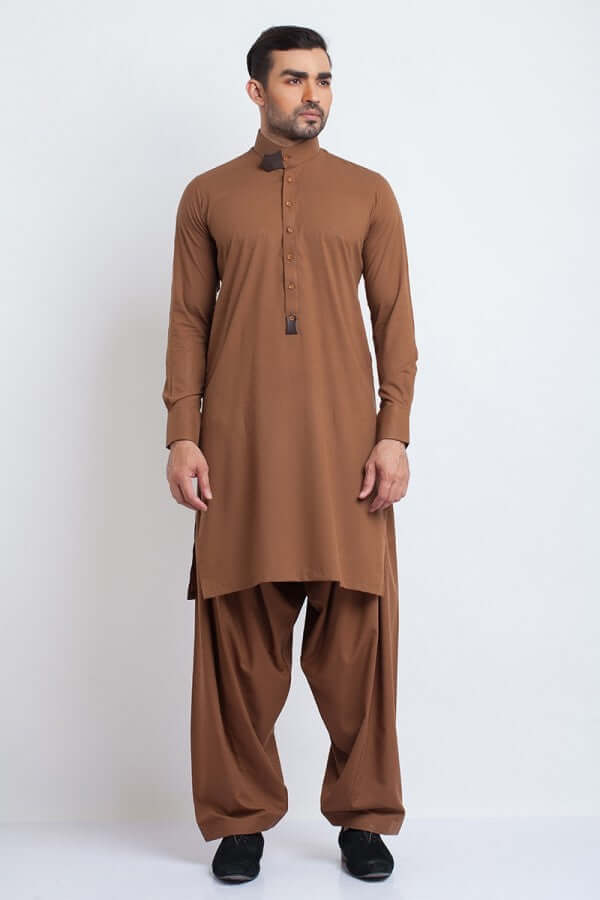 Rust Brown Leather-Accented Cotton Shalwar Kameez (2-Piece) - Image 1