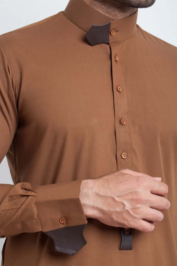 Rust Brown Leather-Accented Cotton Shalwar Kameez (2-Piece) - Image 3