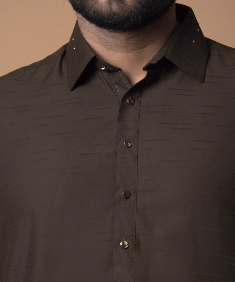 Deep Brown Self-Textured IronEZ Shalwar Kameez (2-Piece) - Image 2