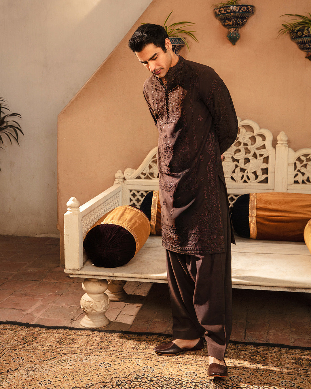 Chocolate Brown Embroidered Karandi Kurta Shalwar (2-Piece) - Image 1