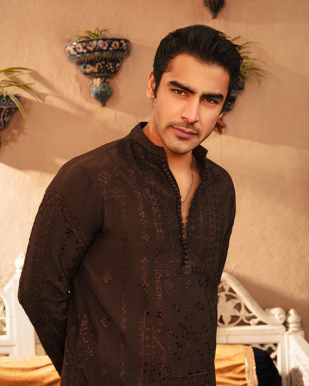 Chocolate Brown Embroidered Karandi Kurta Shalwar (2-Piece) - Image 2