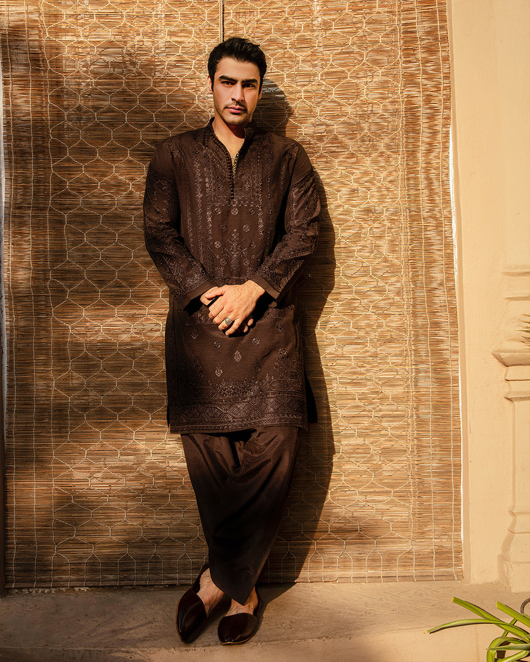 Chocolate Brown Embroidered Karandi Kurta Shalwar (2-Piece) - Image 3