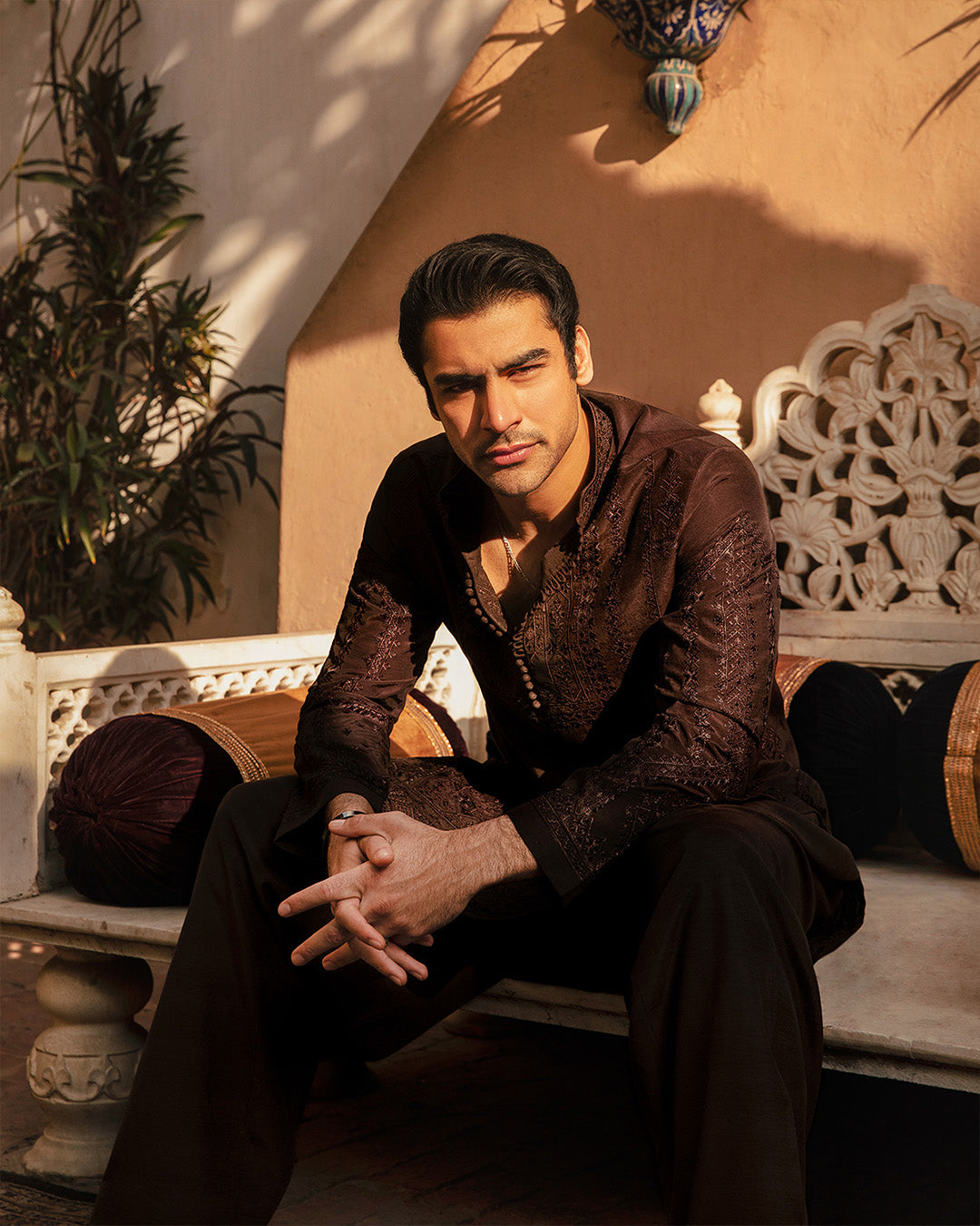 Chocolate Brown Embroidered Karandi Kurta Shalwar (2-Piece) - Image 4