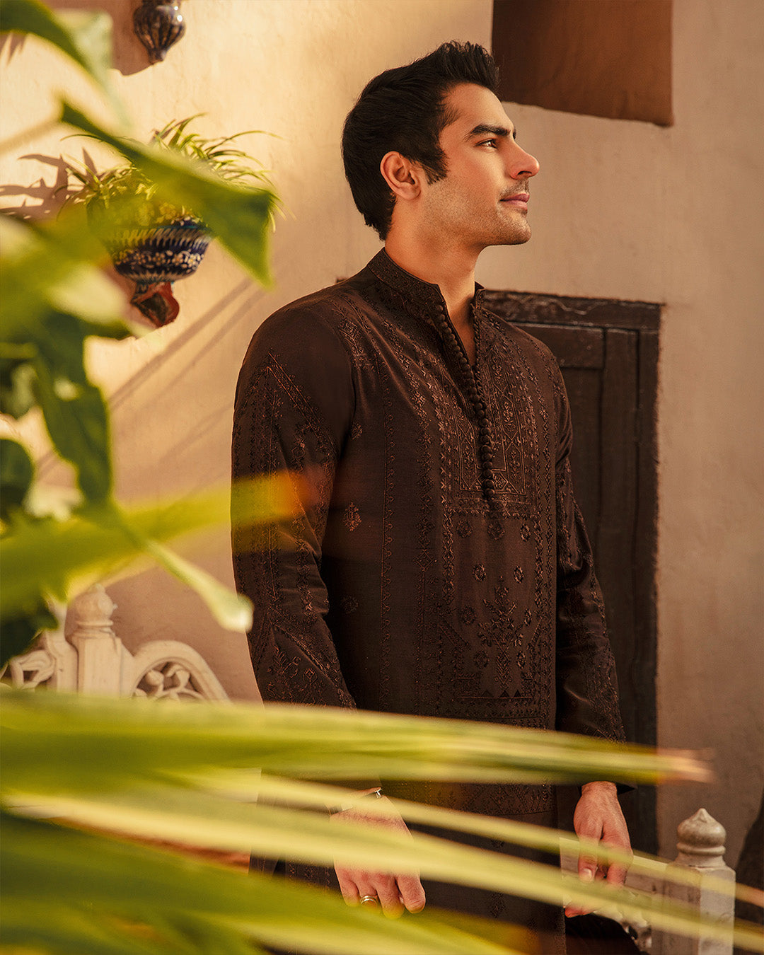 Chocolate Brown Embroidered Karandi Kurta Shalwar (2-Piece) - Image 5