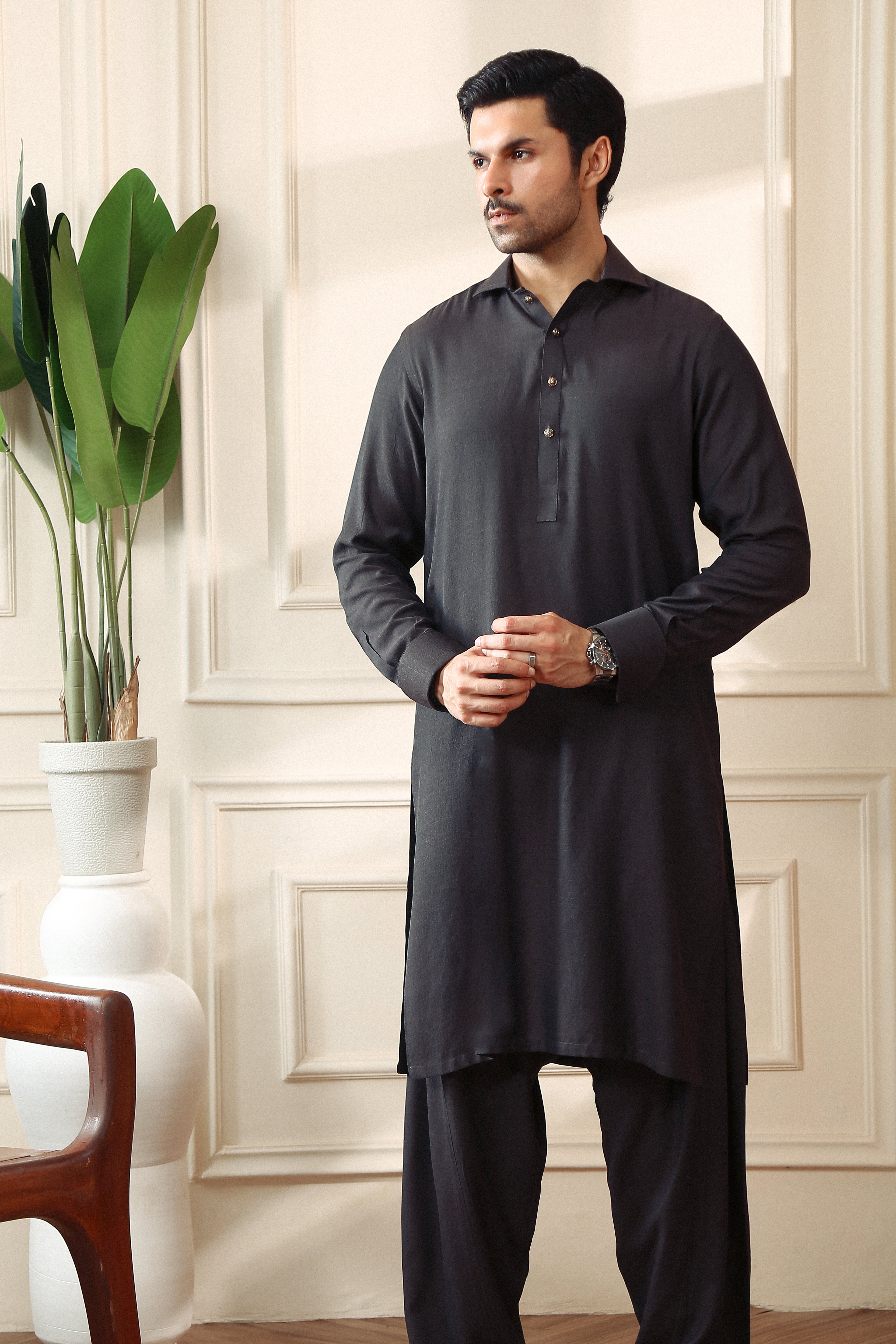 Dark Brown Linen Slub Kameez Shalwar (2-Piece) - Image 1